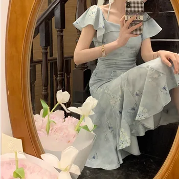 Новата китайска пола Qipao Beauty с риба опашка, Женски лятна Дълга рокля с волани по края, закрывающее на талията, Тенденция 2023