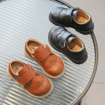 Обувки за малки момчета, на равна подметка, мека кожена обувки за официални партита в британския стил за момчета, Детски модела обувки, Офис Черно-кафява Детски обувки