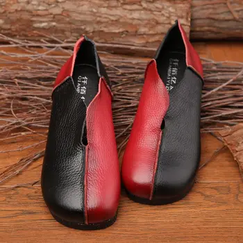Оригиналната кожена дамски ръчно изработени обувки с кръгло бомбе и фин пръсти в стил ретро, дамски обувки есен за майките на плоска подметка