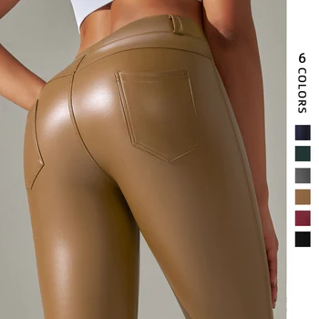 Панталони от изкуствена кожа, Дамски тесен панталон-молив с висока талия, Секси панталони за йога с джоб, Секси Ластични панталони с дължина до глезена