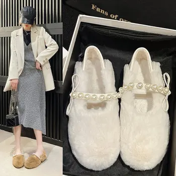 Перлено бяла вълнена дамски обувки за есента и зимата, памучен обувки с мека подметка, новост зимата 2020, модни дамски обувки с кръгло бомбе