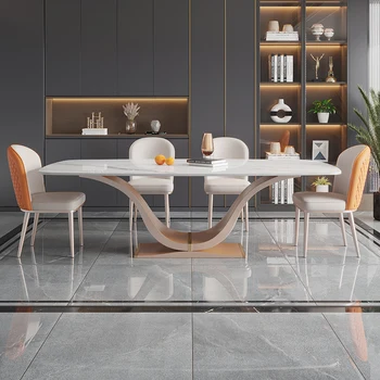Правоъгълна маса за хранене и стол от каменна плоча, съчетание на домашен светлина, Луксозен Модерен Лесен италиански маса