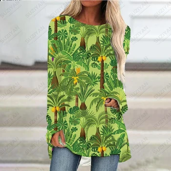 Пролетно-есенен свободно време, жените бохемската тениска голям размер с 3D принтом и дълъг ръкав, дамски модни хавайски къса пола