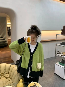 Пуловери в лениво стил, Контрастен цвят, Жилетка с дълги ръкави и джобове, дизайн на копчета, Есен-зима, Y2k Harajuku, Реколта дамски дрехи
