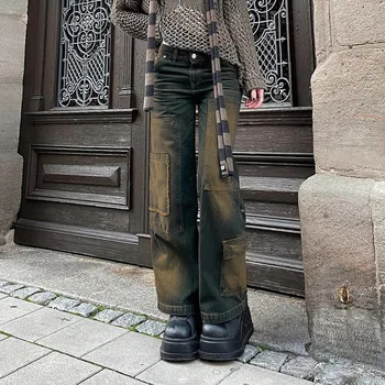 Реколта издържат дънки с джобове голям размер в стил Харадзюку, прави панталони с висока талия и равенство-боя, улични панталони-cargo