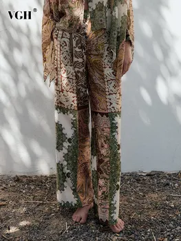 Реколта панталони с принтом цветни блокчета VGH за жени, висока талия, джоб в стил мозайка, свободни темпераментни Широки панталони, дамски летни 2023