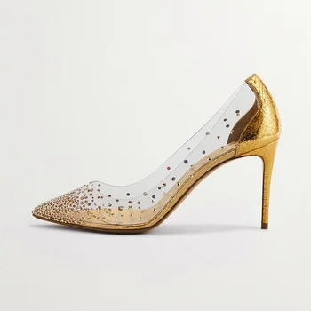 Ръчна работа, настройка според вашите изисквания женски златни обувки на висок ток, елегантни сватбени прозрачни обувки-лодка с кристали, с остър пръсти