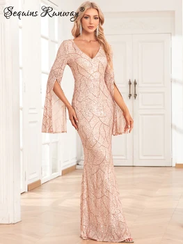 Сексуалното винтажное лятото макси рокля с пайети дамско елегантно луксозно дебнещ рокля за рождения ден с дълъг ръкав деления вечерни рокли vestido