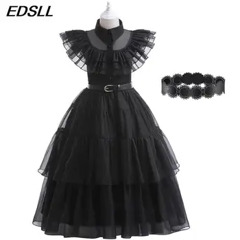 Сетчатое рокля-торта за момичета, Детски рокля за cosplay + Костюм от изкуствена перука, комплект Черно елегантна вечерна рокля за момичета