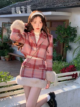 Сладък Кратък карирани Блейзър в корейски стил, комплект от две части, Летни дамски ежедневни Вълнени Шик сладки юбочные костюми с висока талия