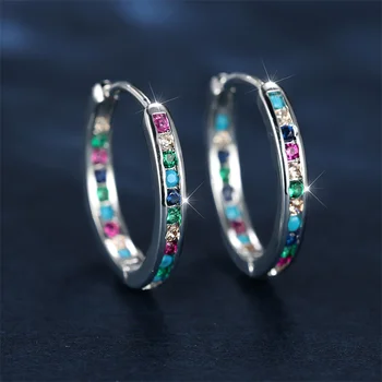 Съблазнителен Дамски модни обеци, пръстен Сребърен цвят, сватбени обици с дъга кристали, кръгли обеци за жени