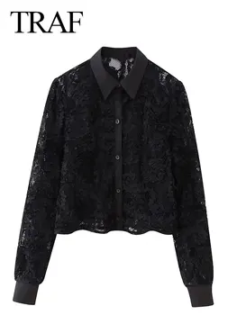 ТРАФИКА на Дамски Модни Блузи Тенденция 2023, Однотонная Черна Риза с отложным яката на цветенце, Дамски Реколта връхни дрехи, Ризи Mujer Blusa