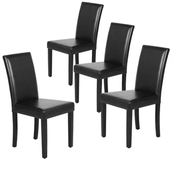 Трапезни столове Parsons с мека подплата от изкуствена кожа Easyfashion с висока облегалка, Комплект от 4 стола, Черна маса за хранене, стол за трапезария