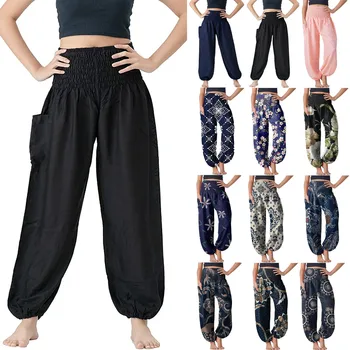 Удобни панталони в стил Бохо Широки, Свободни Панталони с джобове, Високо-Еластична Талия, Спортни Панталони за йога, Хипи, Богемные Панталони, Зреещи