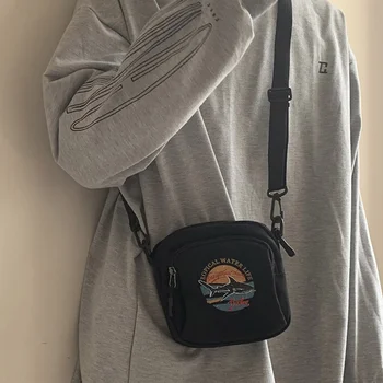 Чанта-месинджър Harajuku Дамски Студентски холщовая чанта с Акули, Монохромен чанта през рамо, Мини чанта-Месинджър, Чанта, портфейл, Спортни чанти